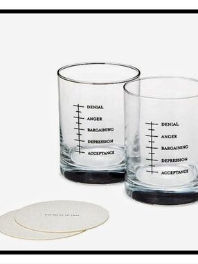 NWT Restoration Hardware 2 Set Brand Good Grief Drinking Glasses + Coasters NEW